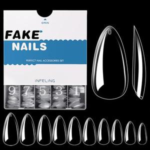 INFELING Almond Nail Tips - 500Pcs Almond Full Cover Nails for Acrylic Nails Professional, Clear Fake Nails with Box for Nail Salons and DIY Nail Art, 10 Size Pack of 2