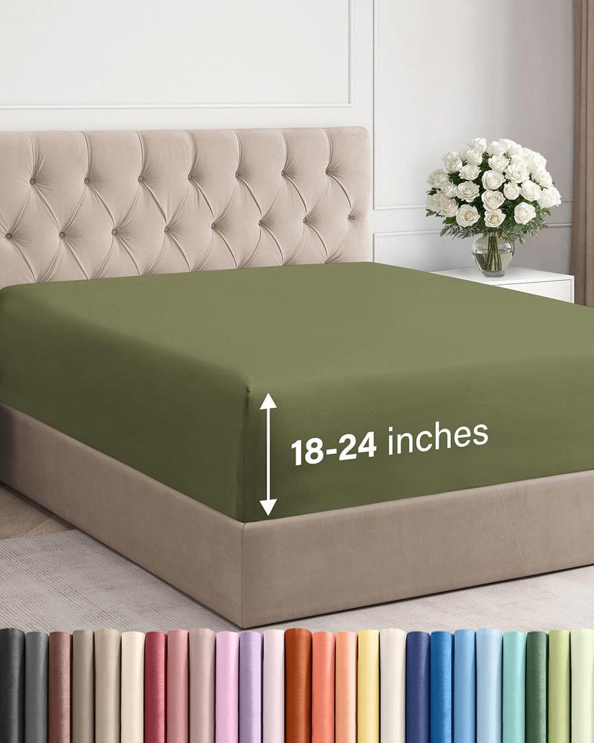 Extra Deep Queen Fitted Sheet  Hotel Luxury Single Fitted Sheet Only  Easily Fits 18 inch to 24 inch Mattress  Ultra Soft, Wrinkle & Fade Free w/Extra Deep Pocket  Breathable & Comfy  Sage Green
