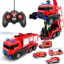Remote Control Fire Truck With Led Sounds, RC Fire Truck Car Toy With 3pcs Small Firetrucks 10pcs Roadblock Models, One Button Press Spraying Water Transformer Fire Truck Toys For Kids Toddlers Boys
