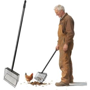 Chicken Poop Scooper & Rake 2-in-1, Stainless Steel Chicken Coop Scoop with Adjustable Handle, Litter Scooper Sand Sifting Shovel for Chicken Coops & Pet Waste Cleaning