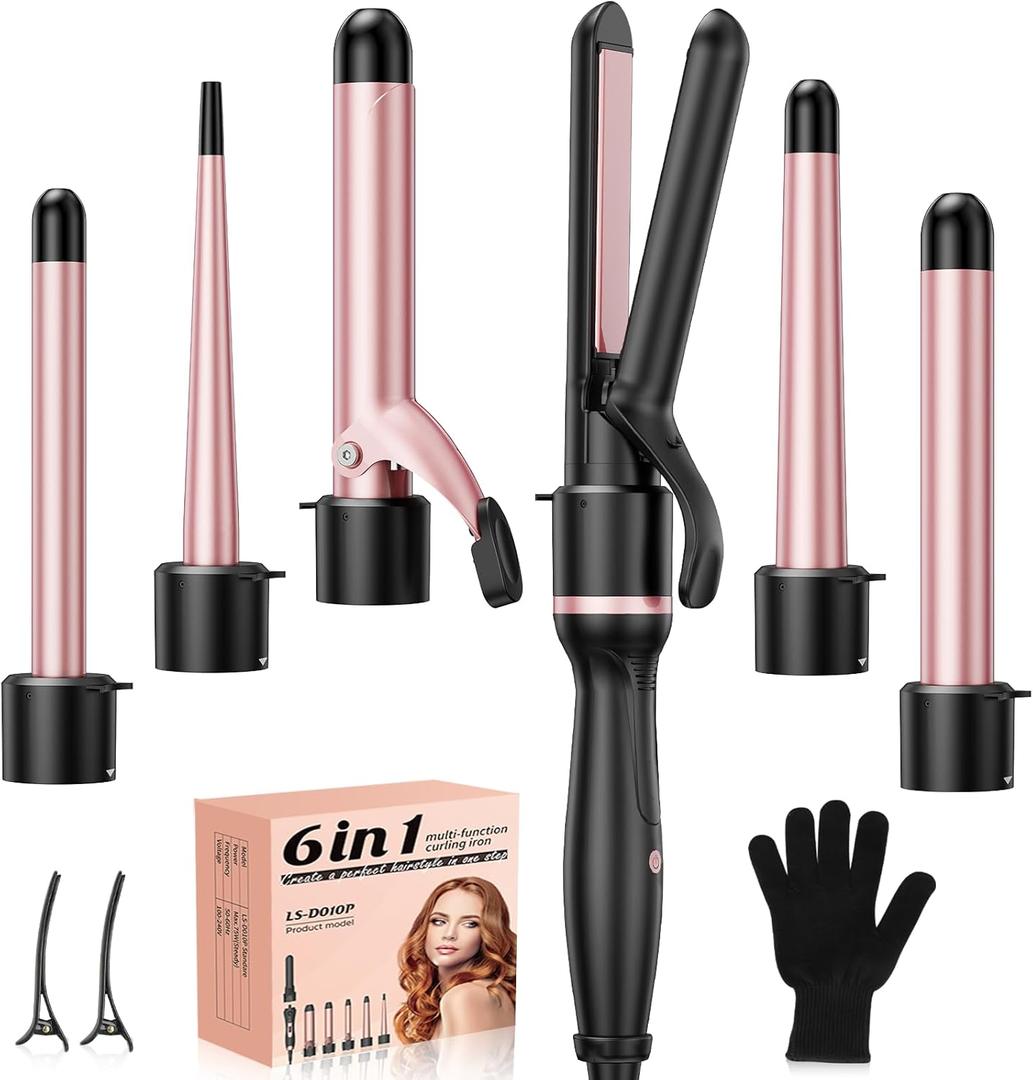 6 in 1 Hair Straightener and Curler, 3/4 to 1 1/2 inch Ceramic Barrel Wand Curling Iron Set, Auto Off, Dual Voltage Hair Styling Hot Tools