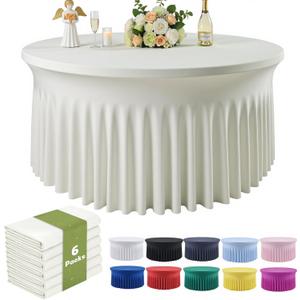 Outpain 6 Pack Spandex Ivory Round Tablecloths for 60in Tables, 120Inch Stretchy Fitted 5FT Round Table Clothes,Wrinkle Free Table Cover with Skirt for Wedding Party Dining Banquet