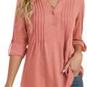 Bashafo 3/4 Sleeve Tops for Women V Neck Henley Long Sleeve Dressy Casual Shirts Ladies Loose Button-up Blouses Tunic (XX-Large)