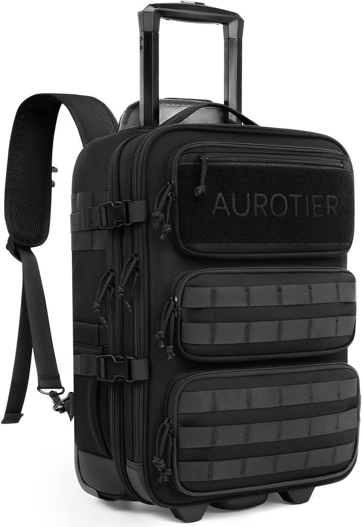 AUROTIER Rolling Tactical Laptop Backpack, 17 Inch Wheeled Computer Backpack for Men and Women, Roller Carry on Luggage for Work Travel, Overnight Molle Outdoor Hiking Bag with Wheels, Black, Medium