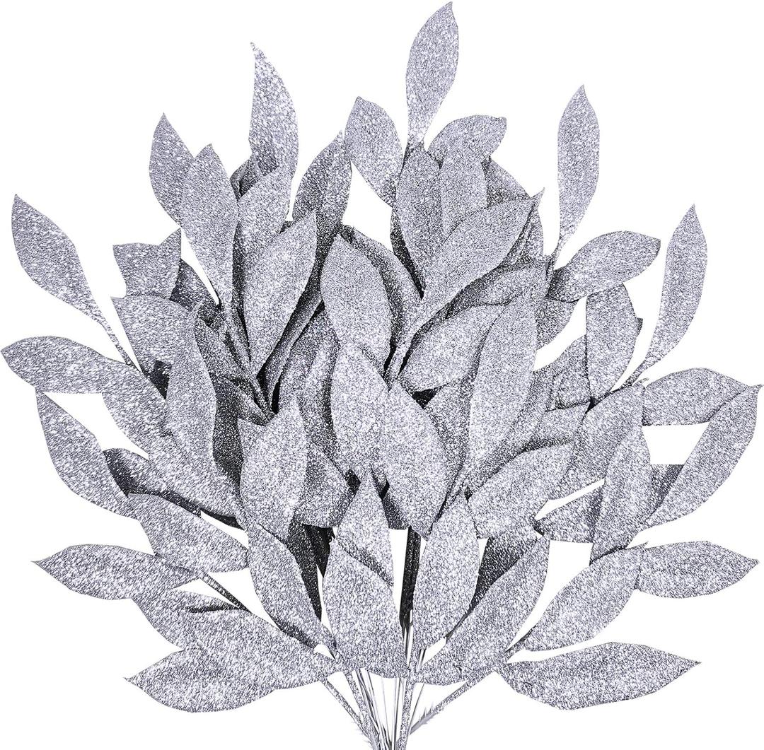 20 Pieces Artificial Silver Glitter Leaf Spray Leaf Picks 13" Tall for Christmas Winter Wedding Wreath Tree Swag Floral Arrangment Vase Bouquets Table Centerpieces Decoration