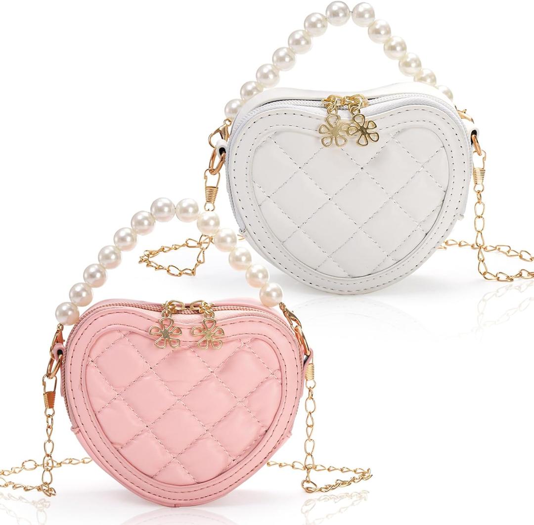 2 Pack Little Girl Purses, Heart Shaped Children Crossbody Bag with Pearl Handle, Mini Cute Kid Purse with Chain Strap, Princess Handbag Wallet Gift for Kids, Easter, Birthday Gift
