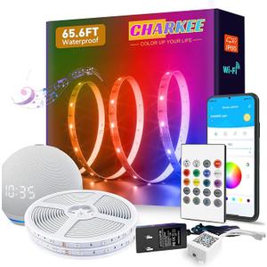 CHARKEE Smart Waterproof Led Strip Lights Outdoor,65.6ft IP65 WiFi Led Lights Work with Alexa & Google Assistant, Voice Control Music Sync Color Changing Tape Lighting for Shower,Kitchen, 35ft