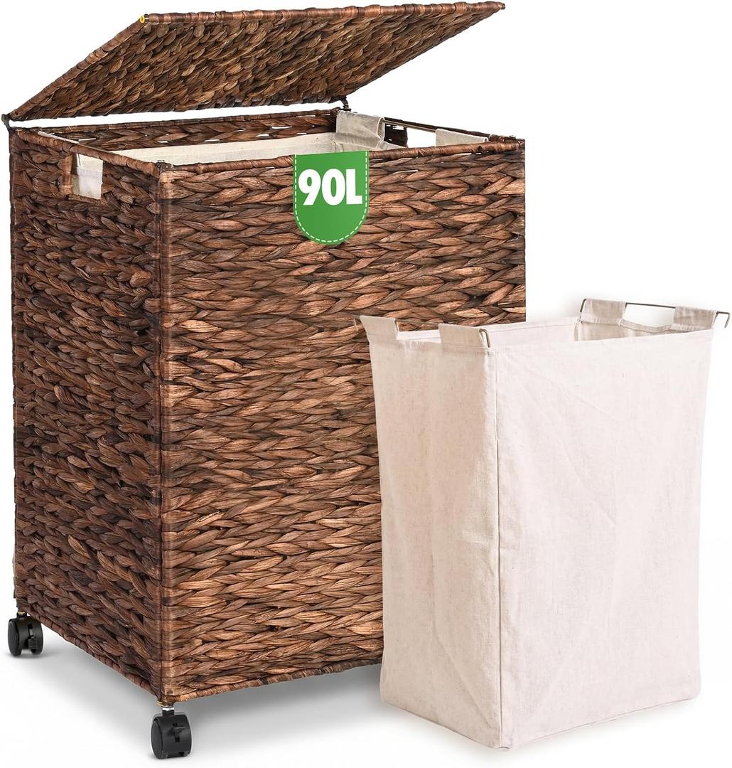 Livole Wicker Laundry Hamper with Lid & Wheel, 23.8 Gallon (90 L) Handwoven Water Hyacinth Laundry Basket with Removable Liner & Handles, Sturdy Steel Frame for Bedroom Bathroom Laundry Room Espresso