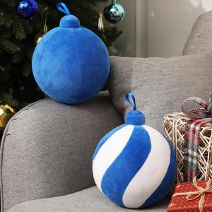 2 Pcs Christmas Pillows 7 Inch Round Christmas Ornament Shaped Throw Pillow Cute 3D Ball Xmas Throw Cushion Decoration for Bed Couch Sofa Chair Living Room (Blue and White)