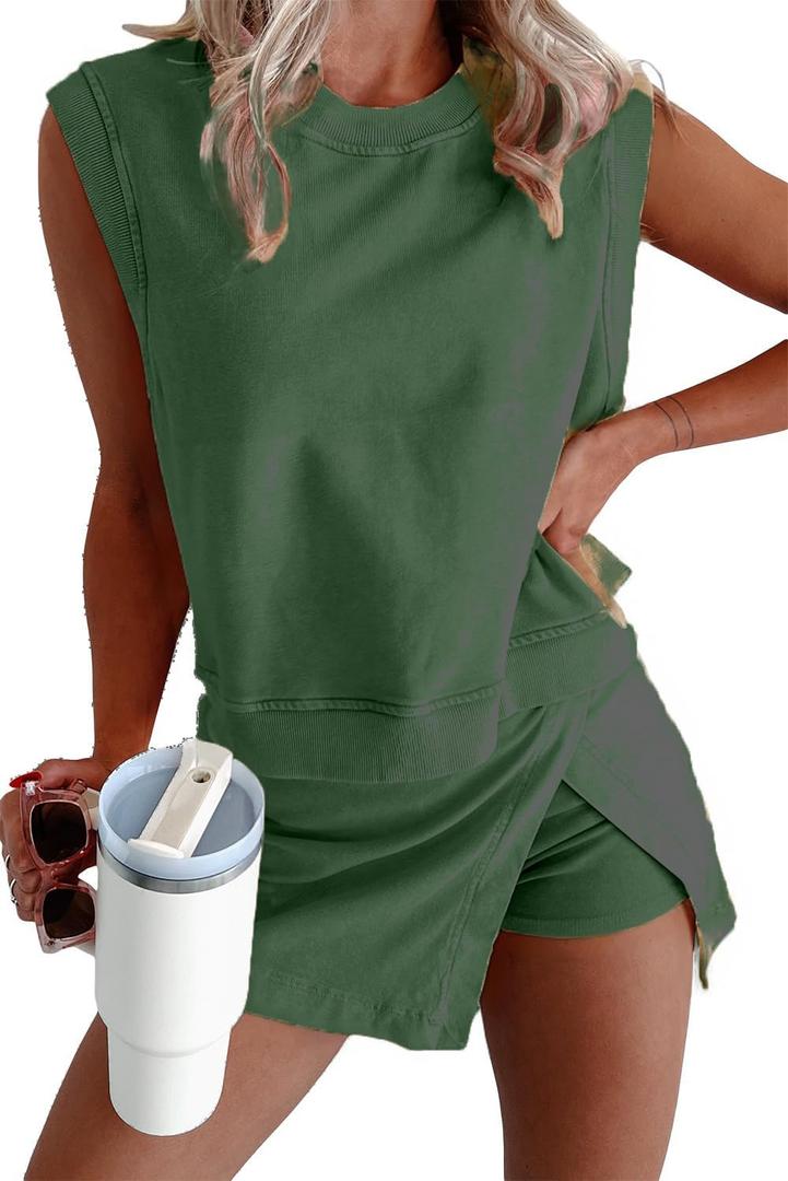KevaMolly Women's Travel Outfits Summer Lounge Set Two Pieces Mineral Wash Cotton Tank Top Lined Split Athletic Skirt Set, M