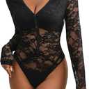 xxxiticat Women's Long Sleeve Bodysuit Sheer Mesh See Through V Neck Button Down One Piece Black Floral Lace Jumpsuit (Large)