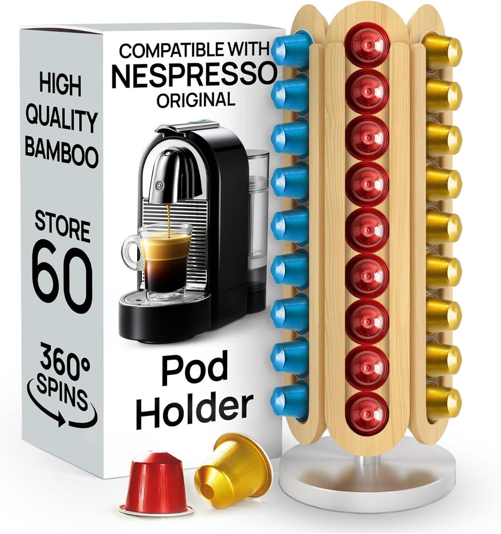 Ibyx 60-Capsule Nespresso Pod Holder  360 Rotating Coffee Storage Stand  Compatible with Nespresso Original  No Assembly, Natural Wood Design