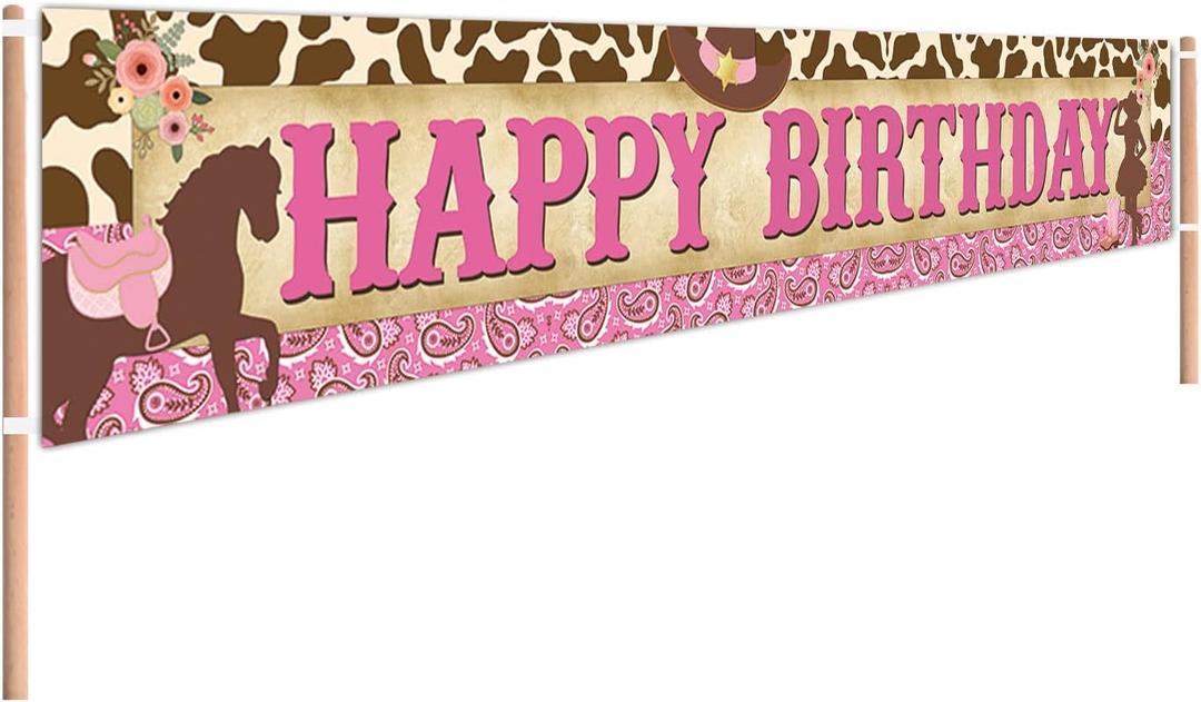 Large Western Cowgirl Happy Birthday Banner, Cowgirl Theme Birthday Party Supplies Decorations, Wild West Cowgirls Theme Bday Party Supplies Photo Backdrop (9.8 X 1.6 feet)