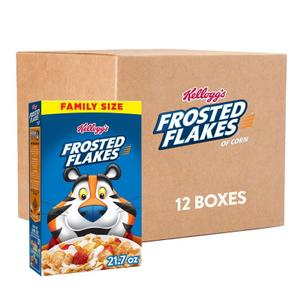 Kellogg's Frosted Flakes Breakfast Cereal, Fat Free, Family Size, 21.7 oz (Pack of 12), Best By: OCT 22, 2025