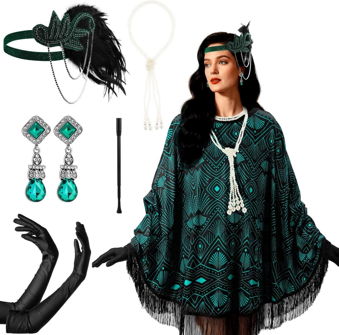6 Pcs 1920s Flapper Costume Accessories Set for Women Fringed Poncho Flapper Shawl Outfits (Black Green)