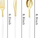 Rubtlamp 96Pcs Gold Plastic Silverware, Gold Plastic Utensils with White Handle, Gold Silverware Set Includes: 32 Knives, 32 Plastic Spoons And 32 Forks