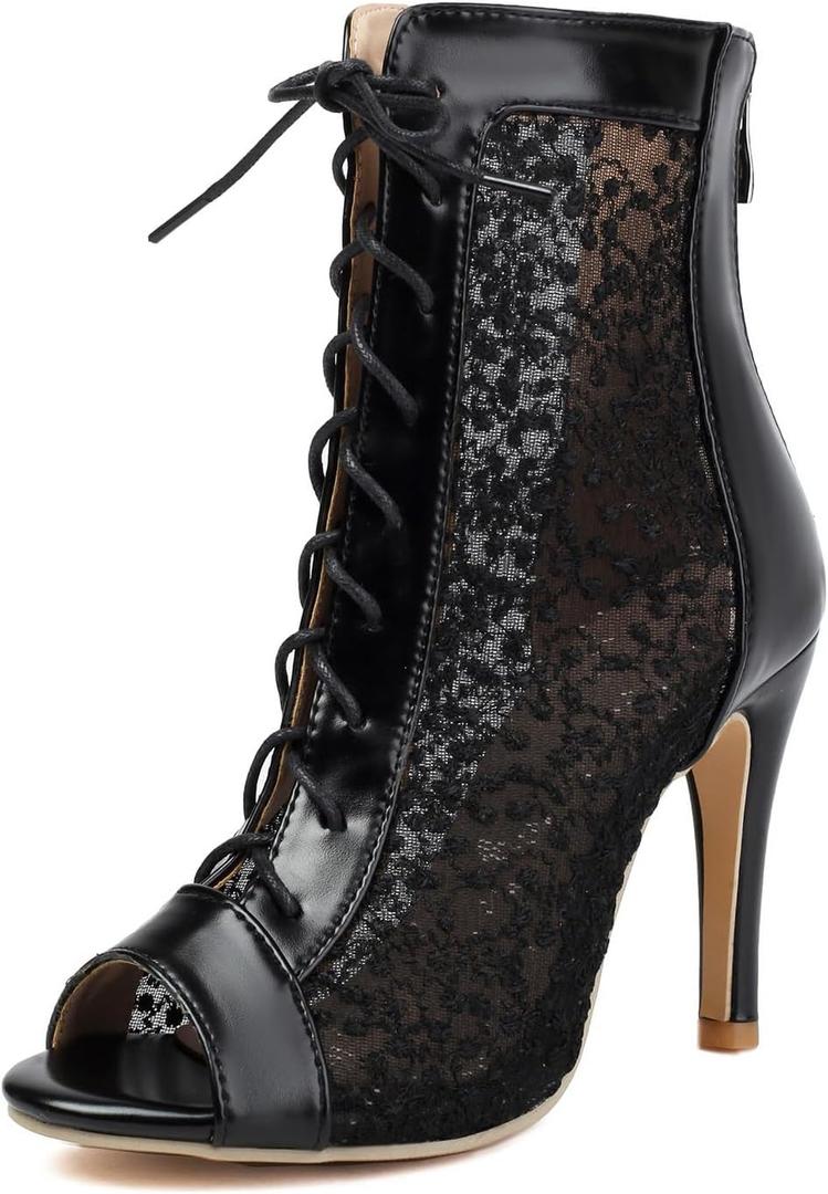 Womens Lace Up Dance Heels Open Toe Mesh Sparkling Sequin Booties Peep Toe Stiletto High Heel Dance Shoes, Size 39 (Black)