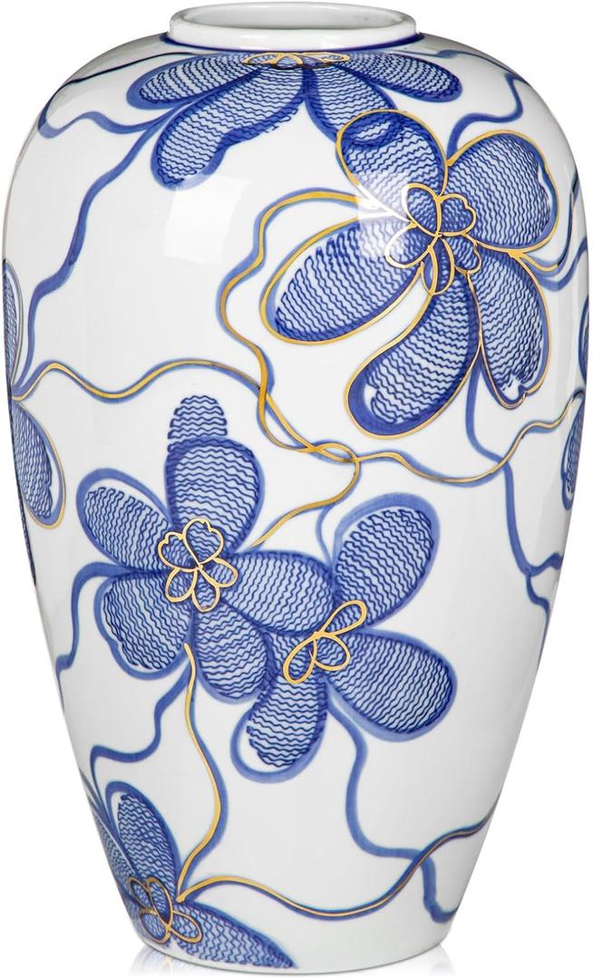 Blue and White Ceramic Vase for Home Decor  Hand-Painted Porcelain Flower Vase with Gold Accents  Chinoiserie-Inspired Home Decor Vase  11" for Table, Shelf, or Mantel