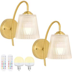 Vintage Battery Wall Sconce with Flower lampshade,Rechargeable Battery Powered Wall Lights,Wall lamp with 15 Colors for Bedroom Living Room Home Decor (Clear Stripe, 2 Light Battery Operated)