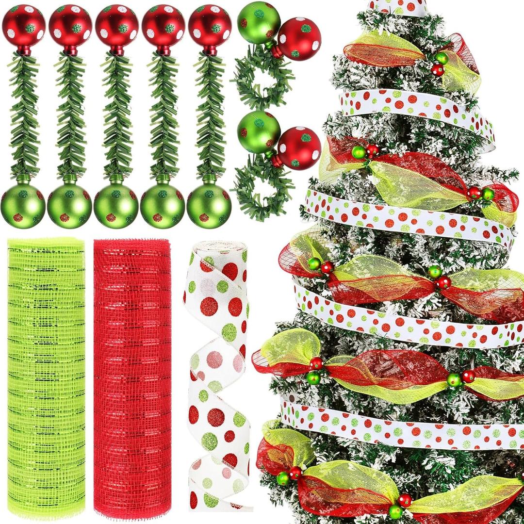 Weysat 16 Pcs Christmas Deco Mesh Garland Set 10 Yard Metallic Mesh with Artificial Pine Needles Red and Green Christmas Ball Garland Ties Xmas Ribbon for DIY Holiday Xmas Tree Wreath