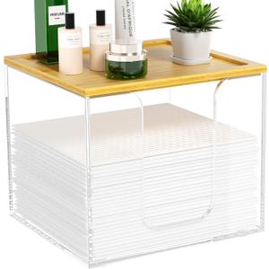 VITVITI Disposable Face Towel Holder Box, Acrylic Facial Container for XL Clean Skin Club, Large Storage With Bamboo Lid, for Bathroom, Vanity Makeup, Clear