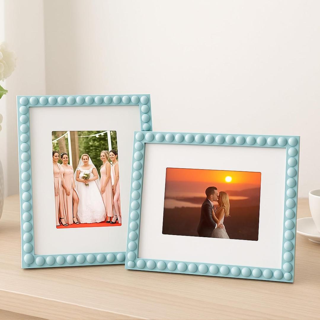 Qunclay 8 x 10 Wooden Beaded Picture Frame Set of 2 Boho Photo Frame with Mat for 5 x 7 Blue Boho Farmhouse Vintage Rustic Wall and Tabletop Display for Decorative Birthday Wedding Friend Gift