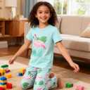 Funnycokid Girls Pajamas 3 Piece Short Sleeve Shirt Top Pants Shorts with Pockets 7-14 Years