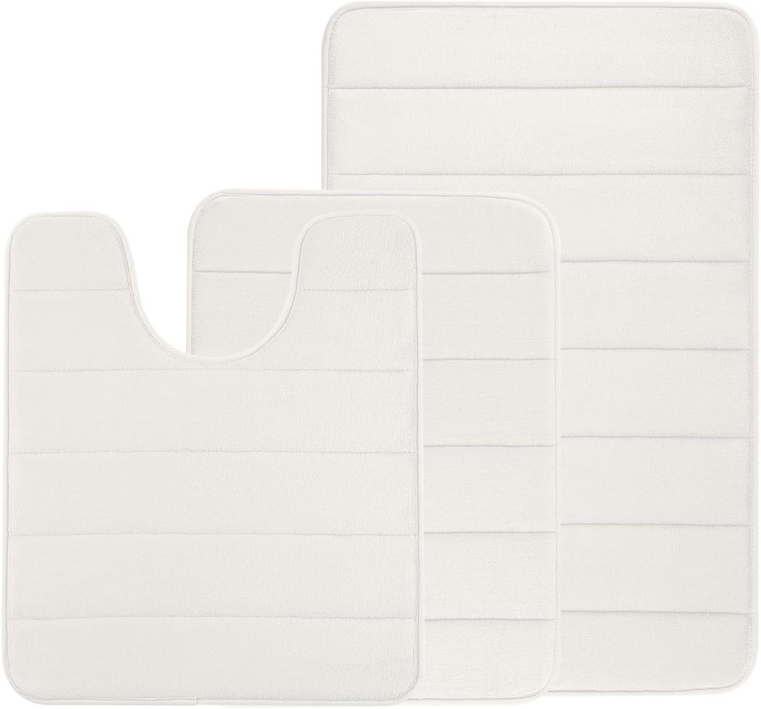 3Pc Bathroom Rug Sets, Non Slip Memory Foam Bath Mat Rug 3 Piece Set, Extra Absorbent Soft Bath Mat Sets, Washable Area Rugs for Bathroom, Toilet(White) (Stripe)