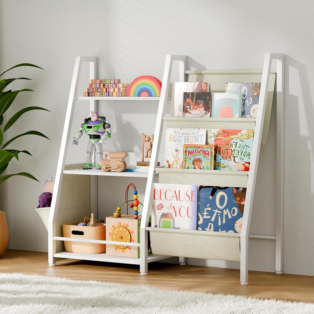 3 Tier Kids Bookshelf, Toddler Bookshelf with Extra Pocket and Toy Storage Organizer for Kids' Rooms, Bedrooms, Playrooms and Nurseries, White