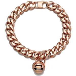 Rose Gold Cat Dog Collar Kitten Puppy Wide Stainless Steel Kitten Choker Curb Adjustable Chew Proof Cuban Link 1/2inch Chain with Rose Gold Bell Personalized Custom tag