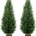 Artificial Topiary Cedar Trees 5FT Tall 2 Set, Outdoor Indoor Faux Pine Shrubs Plants, Realistic Fake Plants Front Porch Decor, Artificial Bushes Cypress for Home Front Door Offices