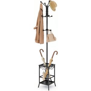 Hoctieon Coat Rack Freestanding, Coat Tree with Umbrella Holder, Metal Coat Rack Stand with 12 Hooks, Standing Coat Hanger Stand, Umbrella Stand for Entryway, Hat Rack Stand for Home Office, Black