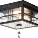 Industrial Motion Sensor Outdoor Flush Mount Ceiling Light, Water Ripple Glass Square Black 2-Light Ceiling Lamp for Porch, Entryway, and Garage, Timer and Sensitivity Adjustable (Single Box)