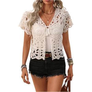 GORGLITTER Women's Tie Front Hollow Out Cardigans Short Sleeve V Neck Pointelle Knit Tops (White, S)