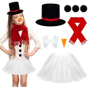 9 Pcs Snowman Costume Kit Christmas Costume Kit Snowman Skirt Hat Carrot Nose Scarf Gloves (Kid)