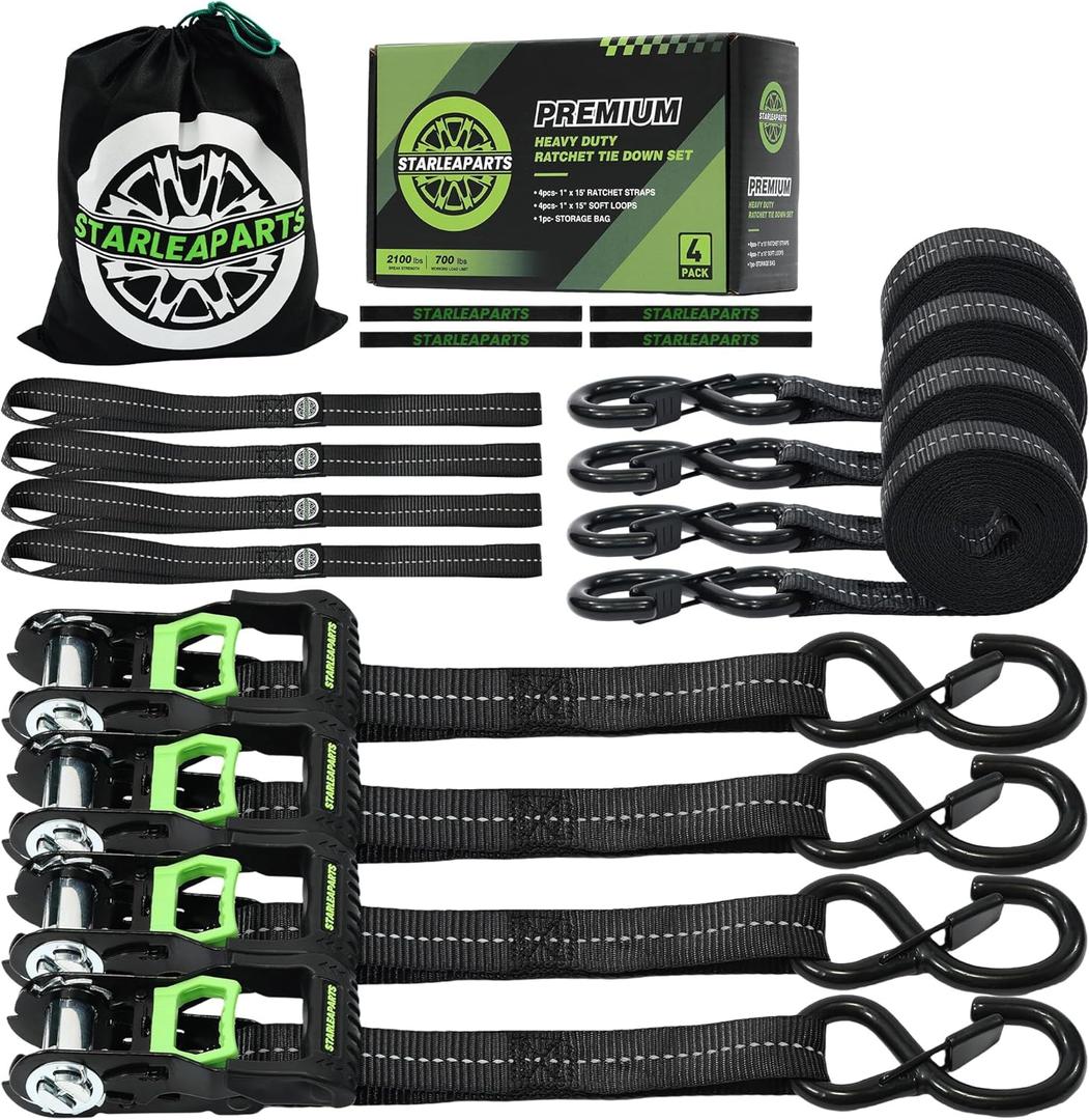 Motorcycle Tie Down Strap (4PK) - 2,100lb Break Strength Premium 15ft Ratchet Tie Down Straps Set, Soft Loop Ratchet Straps for Moving Appliances, Lawn Equipment, Cargo Straps for Trucks (Black)
