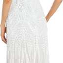 R&M Richards Long Iridescent Sequin Beaded Dress W/V-Neck & Flowing Skirt Ivory/Nude, Size 12