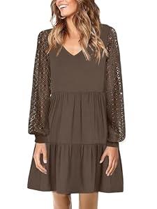 ANRABESS Dresses for Women Casual Lace Long Sleeve V Neck Tiered Swing Flowy Loose A-line Mini Short 2025 Fall Vacation Dress Medium Coffee
