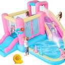 Inflatable Water Slide for Kids, Bounce House with Slide, Pool, Water Cannon, Climbing Wall, Blower Included, Outdoor Summer Fun for Kids, 141x138x78 Inches, Pink