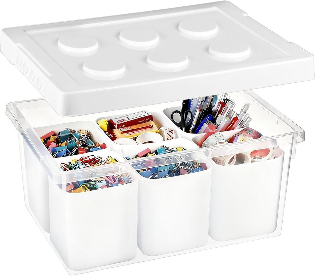 loobuu Plastic Storage Bins with Lids, Art Craft Supply Organizer Box with Brush Pot, Multipurpose Stackable Storage Containers for Organizing Tool, Craft, Crayon, Sewing Set of 2 (White) 