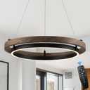 LED Ring Chandelier Modern Round LED Pendant Light 24in Walnut Wood & Black Chandelier Dimmable Ceiling Pendant Light Fixtrure for Dining Room Entry Kitchen Island Bedroom Living Room