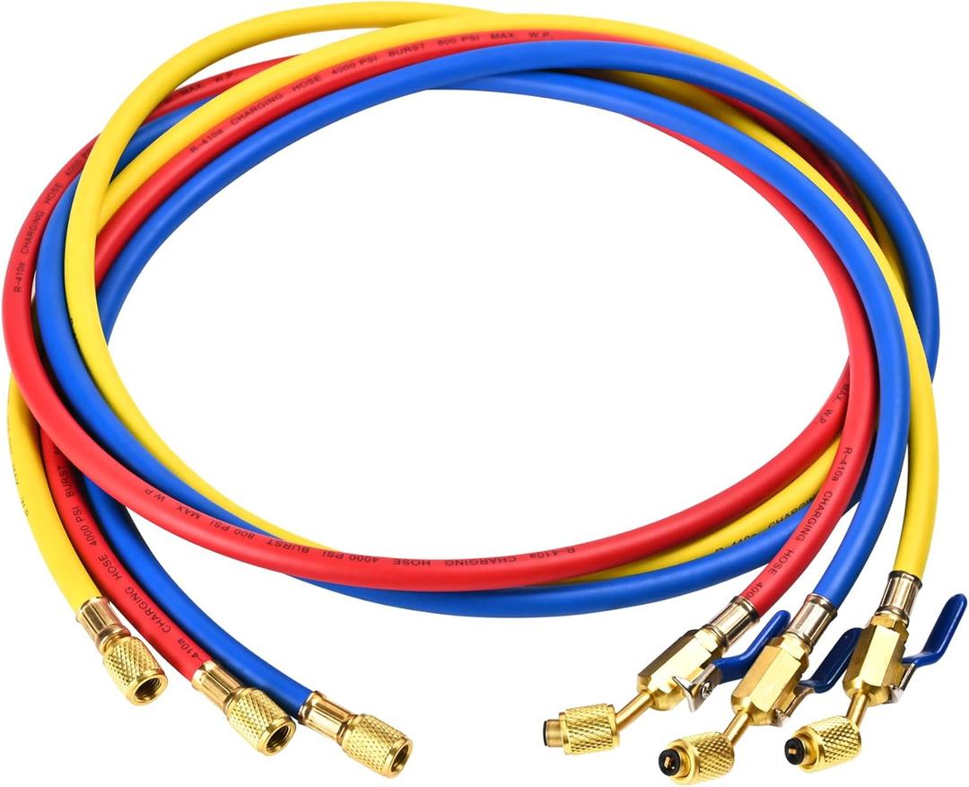 Upgrade 29986 Plus II 1/4" HVAC Hose with Compact Ball Valve, 72", Refrigerant Hose with Standard 1/4" Flare Fittings, for Common Refrigerants, R410a/ R134a/ R22, Yellow/Red/Blue (3 Pcs)