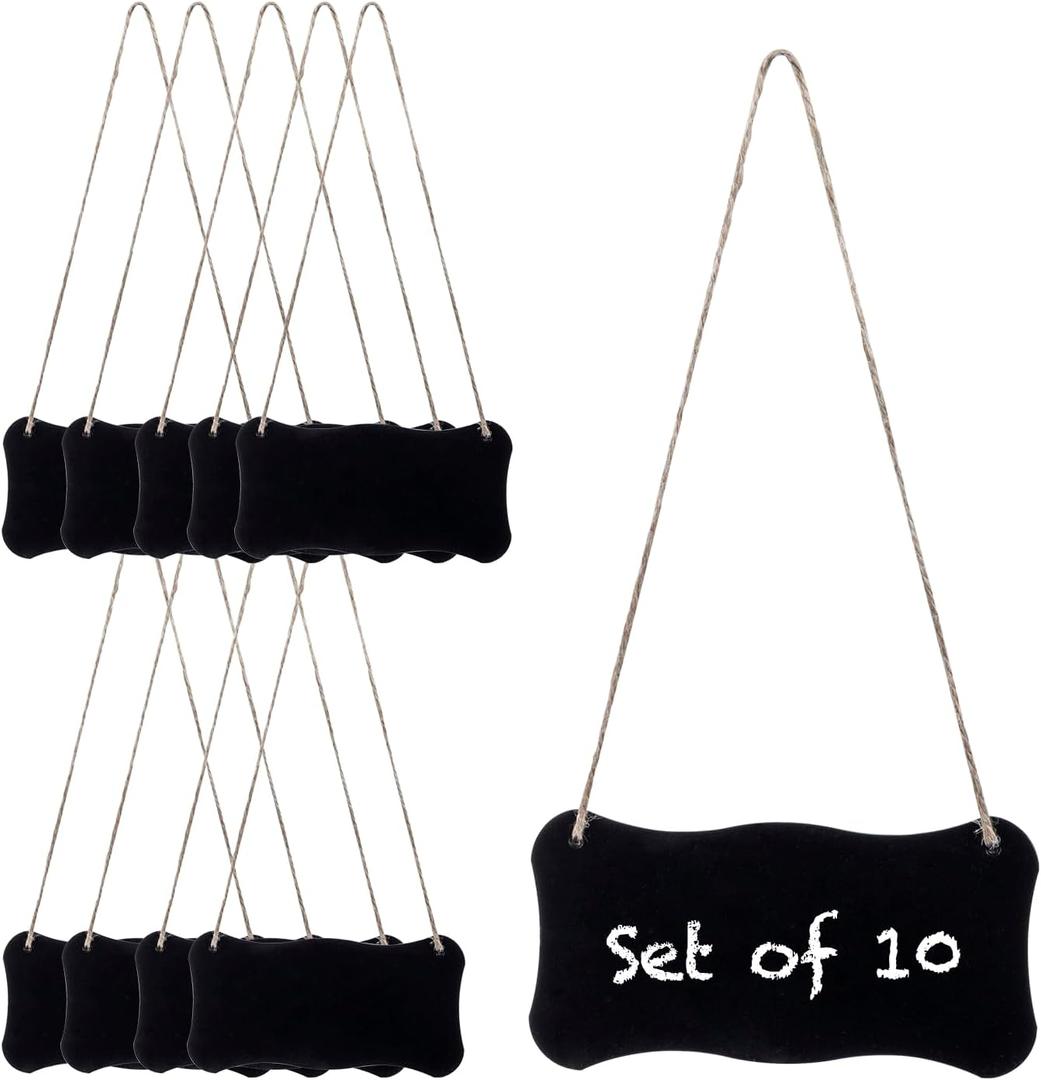 MyGift 5 Inch Mini Black Metal Chalkboard Sign Label with Hanging Jute String, Decorative Frameless Wave Edge Erasable Blank Slate Tag Board, Set of 10