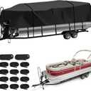 Heavy Duty Trailerable Pontoon Boat Cover (XXL), 24'3''-26'2'' Marine Grade Waterproof Cover with Adjustable Windproof Tightening Strap & Anti-UV for SunTracker Party Barge/SPORTFISH/Fishin Barge, Black