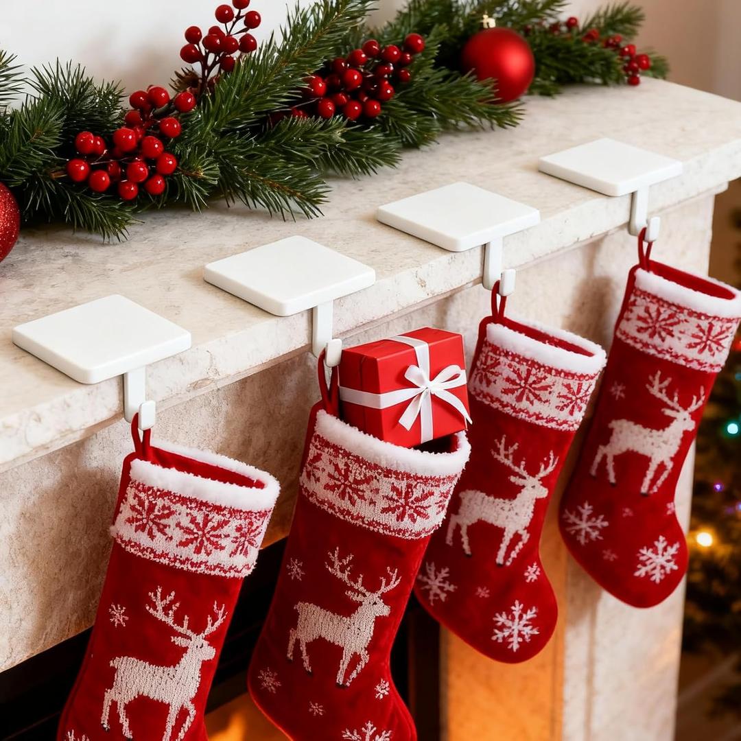 Set of 4 Metal Christmas Stocking Holders for Mantle Heavy Duty Stocking Hangers Stocking Hook Christmas Ornaments for Counter Tables Window Fireplace Mantle Decoration (White)
