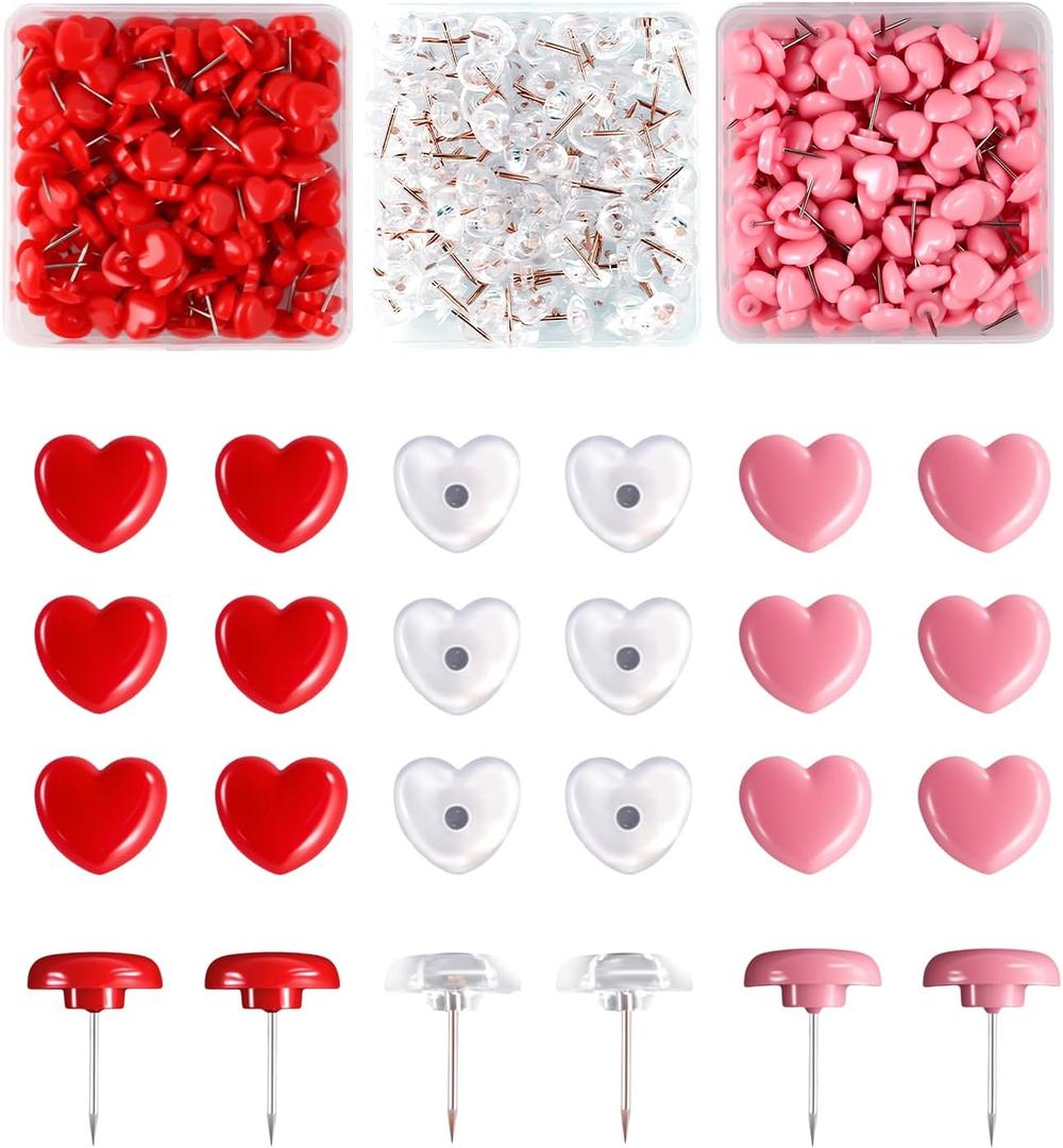 420PCS Cute Thumb Tacks for Cork Board, Heart Pink Red Transparent Push Pins