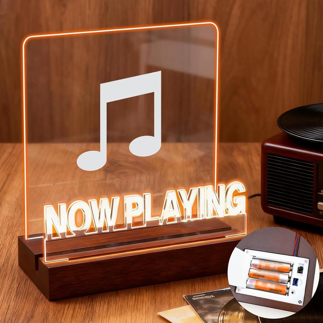 Battery-Powered Now Playing vinyl Record Stand, Double Sided Light Up Record Stand, A Go-Anywhere Wooden Acrylic Display With Warm White Led,Vinyl Record Decor, Record Display Stand With Album Room Decor For Vinyl Lovers,