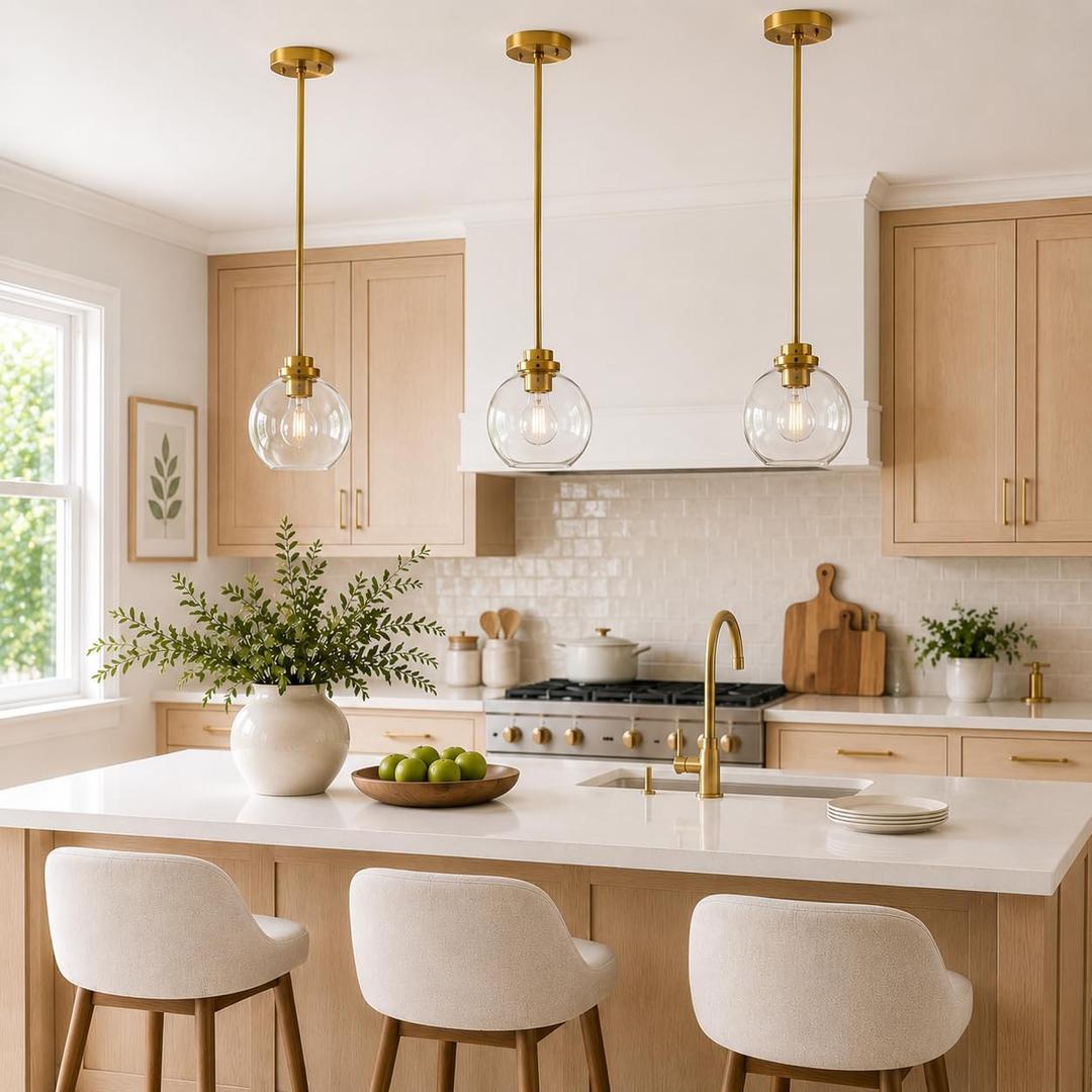 Gold Pendant Light, 7 Inch Clear Glass Farmhouse Hanging Fixture, Adjustable Height & Sloped Ceiling Compatible for Kitchen Island Dining Room Entryway Bedroom Hallway, 3 Pack