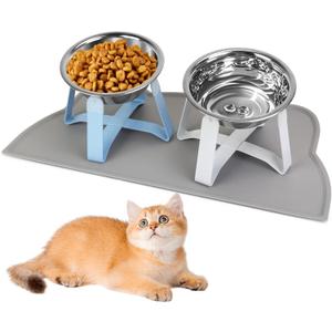 Elevated Cat Bowls, 5.5 Wide Stainless Steel Cat Bowls with Food Mat & Metal Stand, Raised Pet Water Food Feeder with Non-Slip Raised Stand for Cats, Kittens, Puppy, Small Dogs