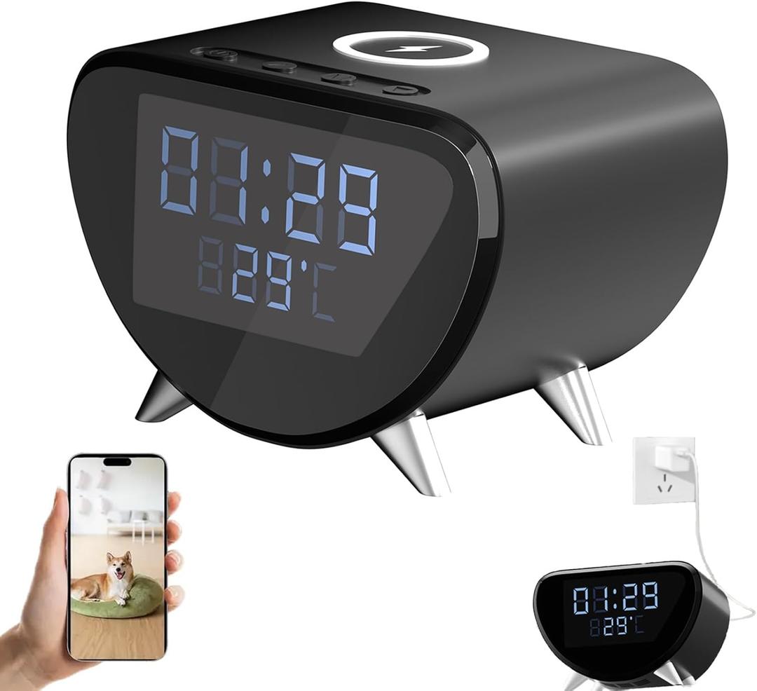 4K Camera Clock Time & Temperature Desktop Clock WiFi Connection Cam Support Wireless Charging Indoor Pet Monitoring(No Audio) (Black)